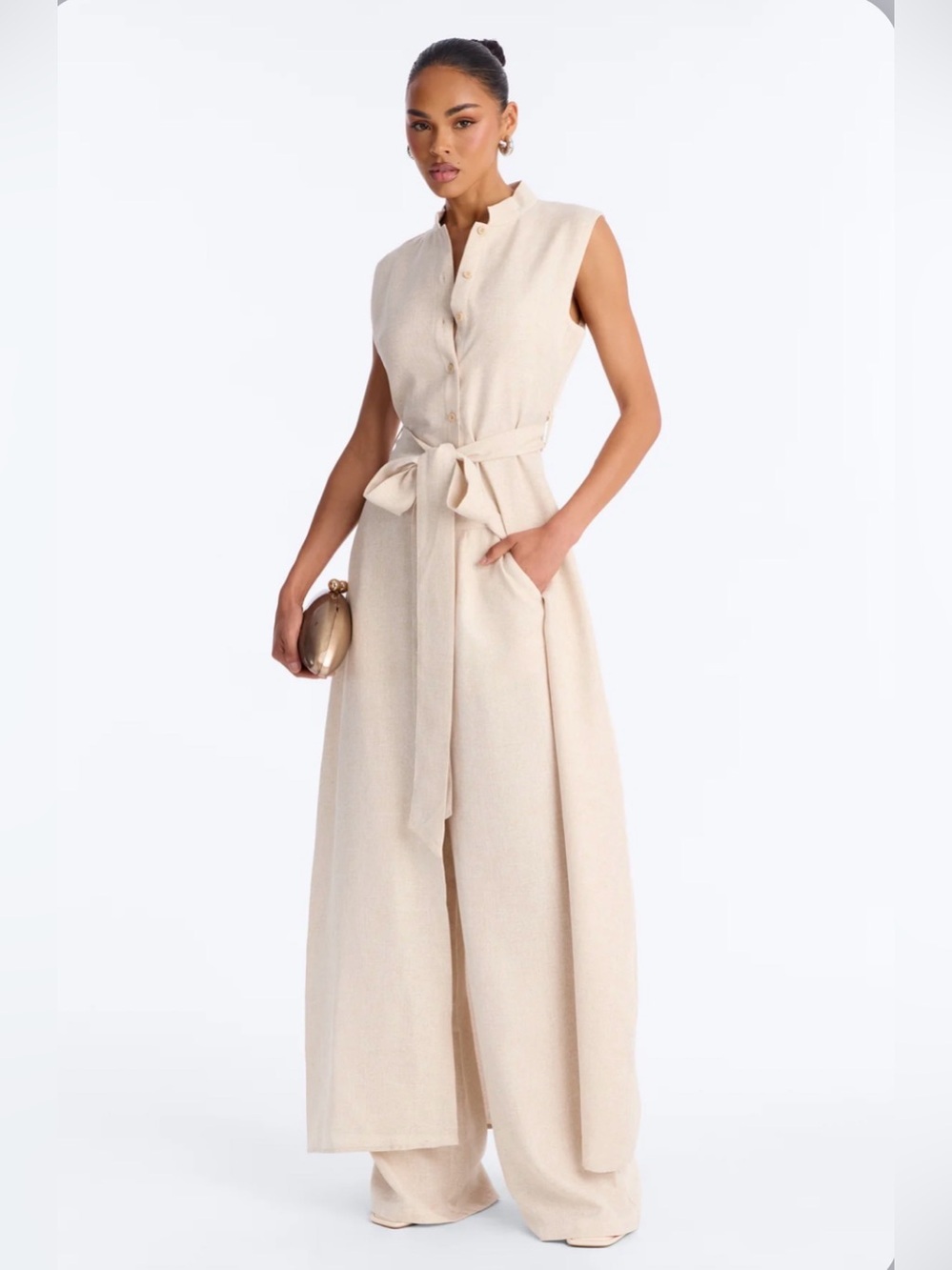 Fashion Nova Sleeveless Belted Wide-Leg Jumpsuit in Cream